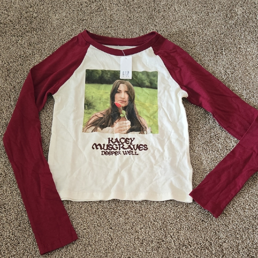 GAP Long Sleeve Raglan Tee - Cream Body with Burgundy Sleeves